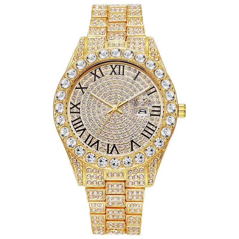 Damen-Quarzuhr mit Edelstahlband, Kalender und Strass