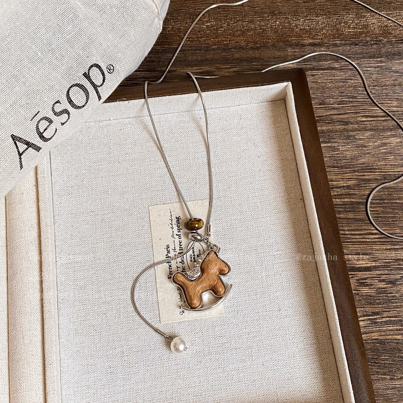 Vintage wooden horse pendant necklace, long sweater chain