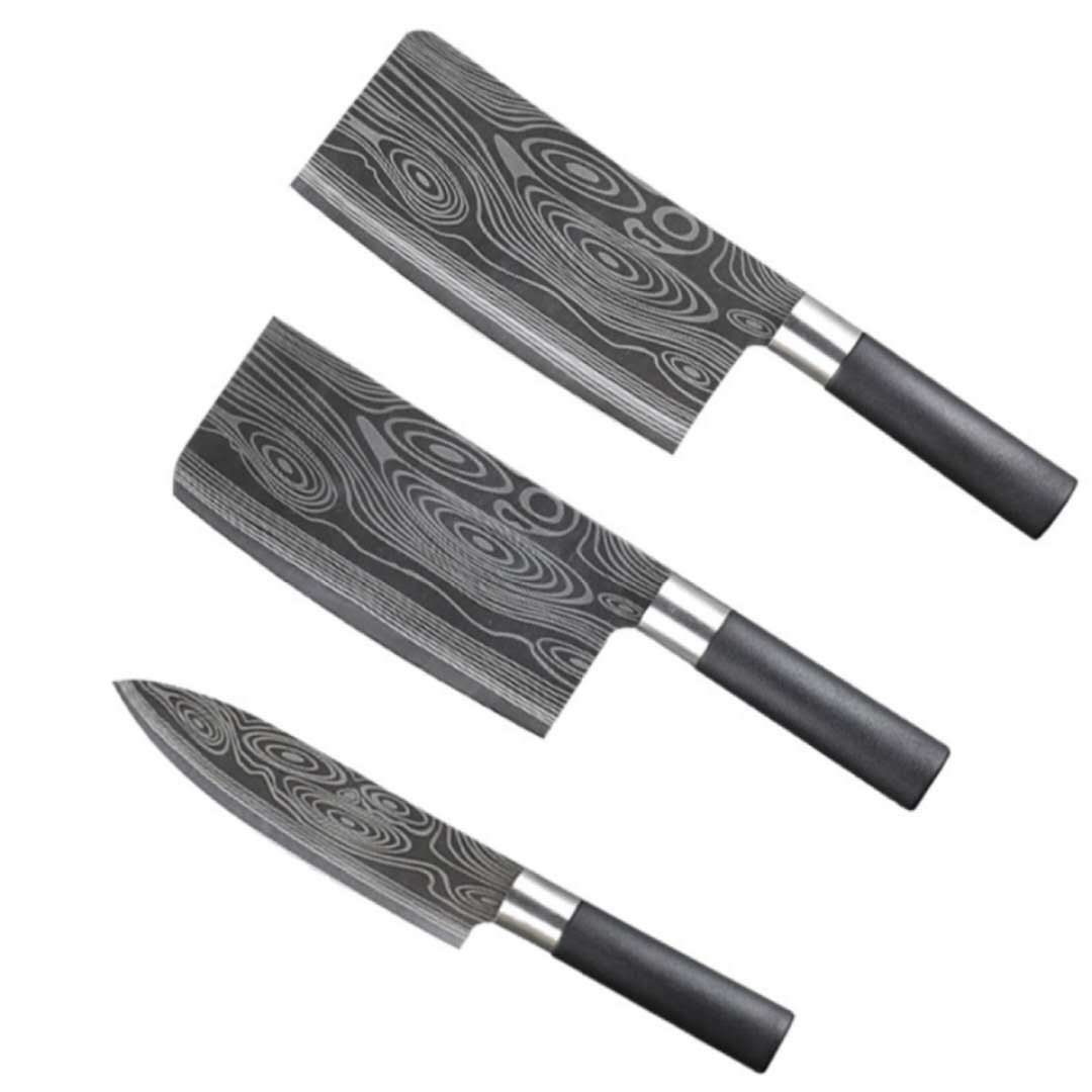 Üreticinin hazır mutfak bıçağı seti Şam desenli krom çelik ev lazer desenli şef bıçağı sebze kesmek için kemik doğrama bıçağı
