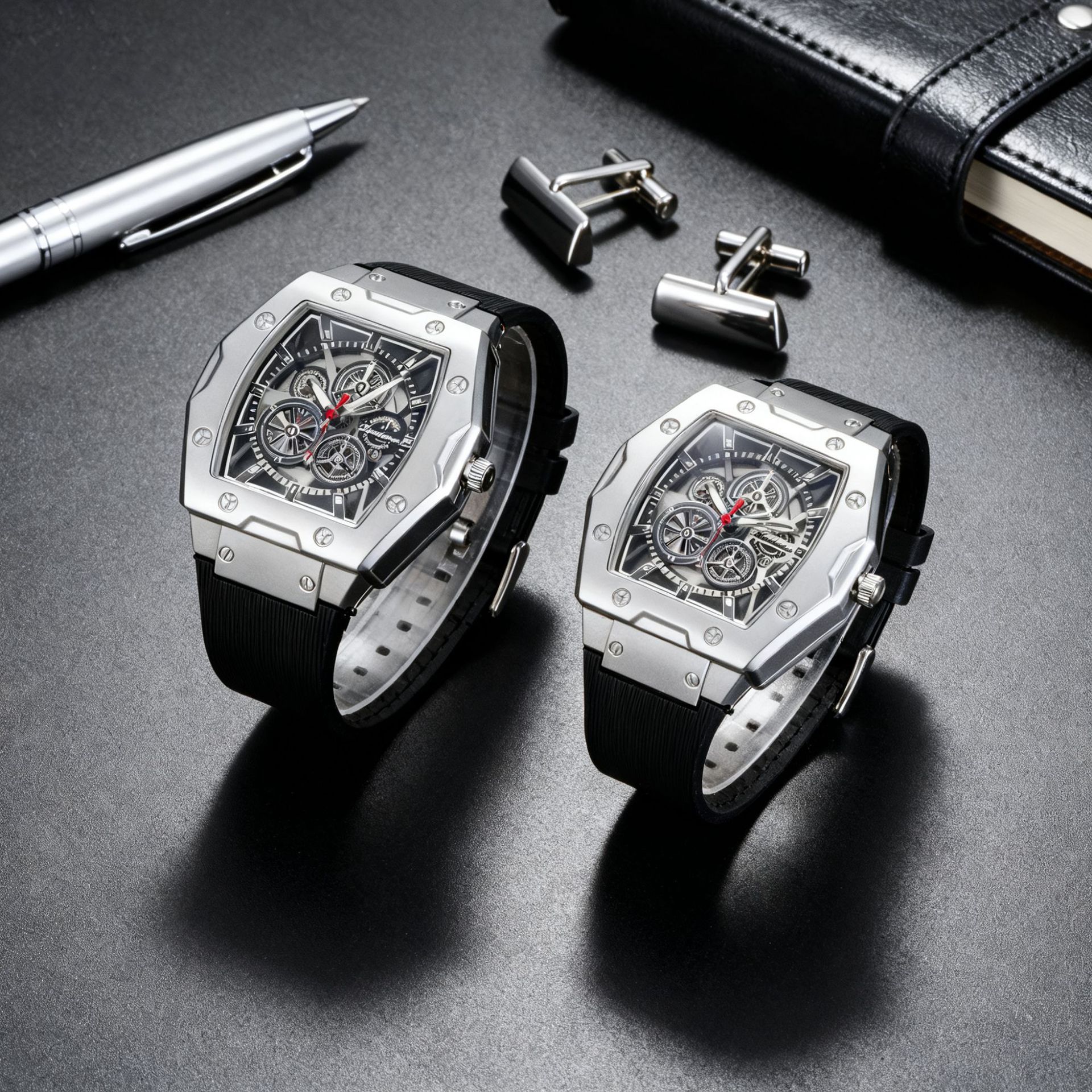 Men's quartz watch, barrel design, silicone strap, hollow dial