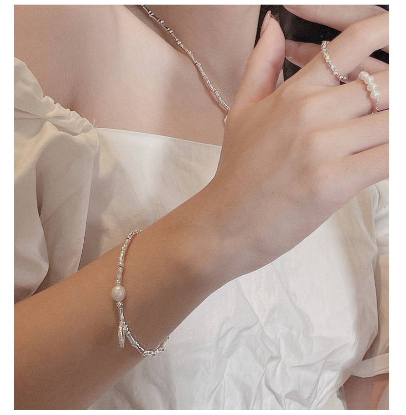 S925 Sterlingsilber-Armband, Bambusherz, Perle, für Damen