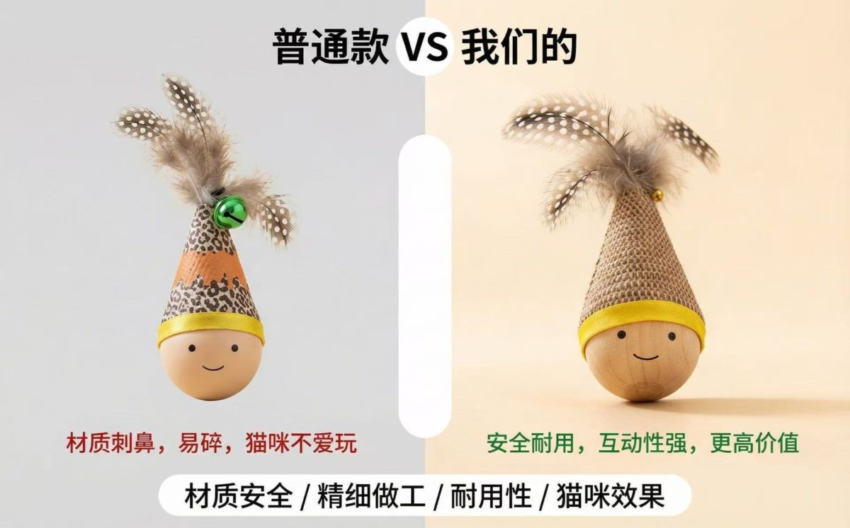 跨境爆品不倒翁猫玩具羽毛铃铛发声耐抓耐咬宠物玩具猫咪自嗨解闷
