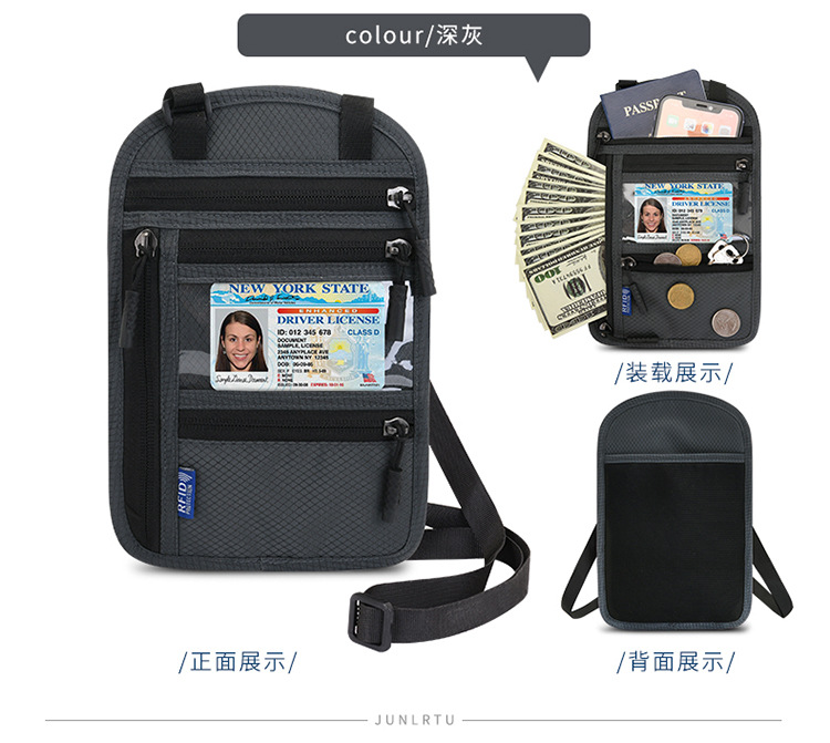RFID neck wallet for travel documents and passport