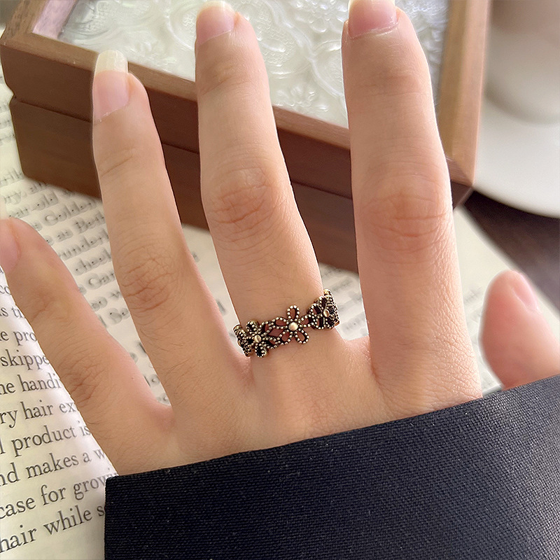 Lanzhi snowflake pattern 925 silver retro ring
