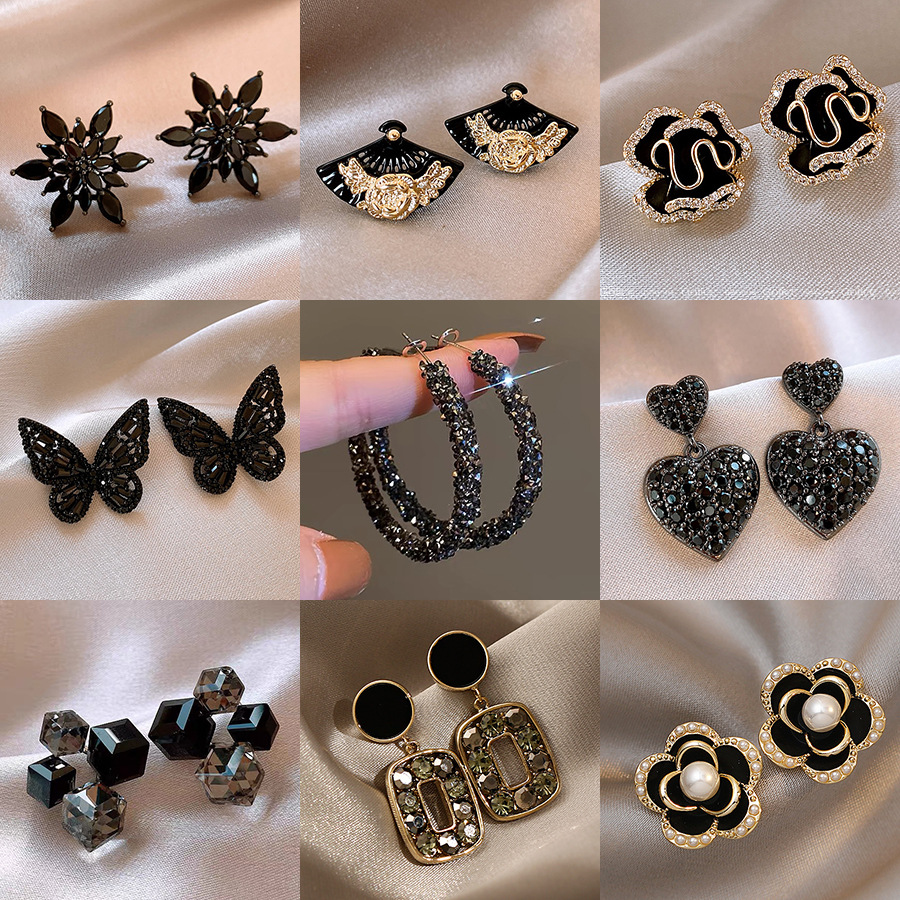 Silver heart butterfly earrings, black zircon, vintage