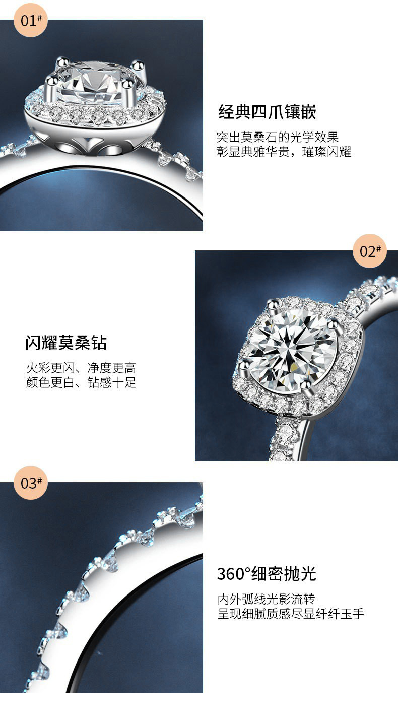 S925 silver moissanite sugar cube ring for women
