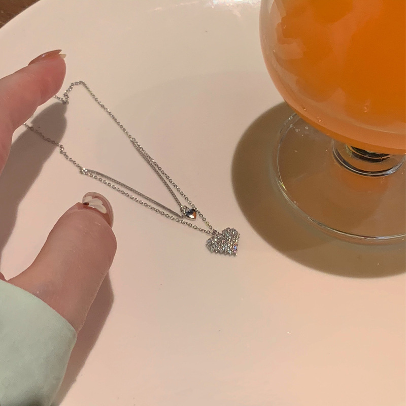 Doppelschicht-Halskette mit Herz aus Silber, Damen