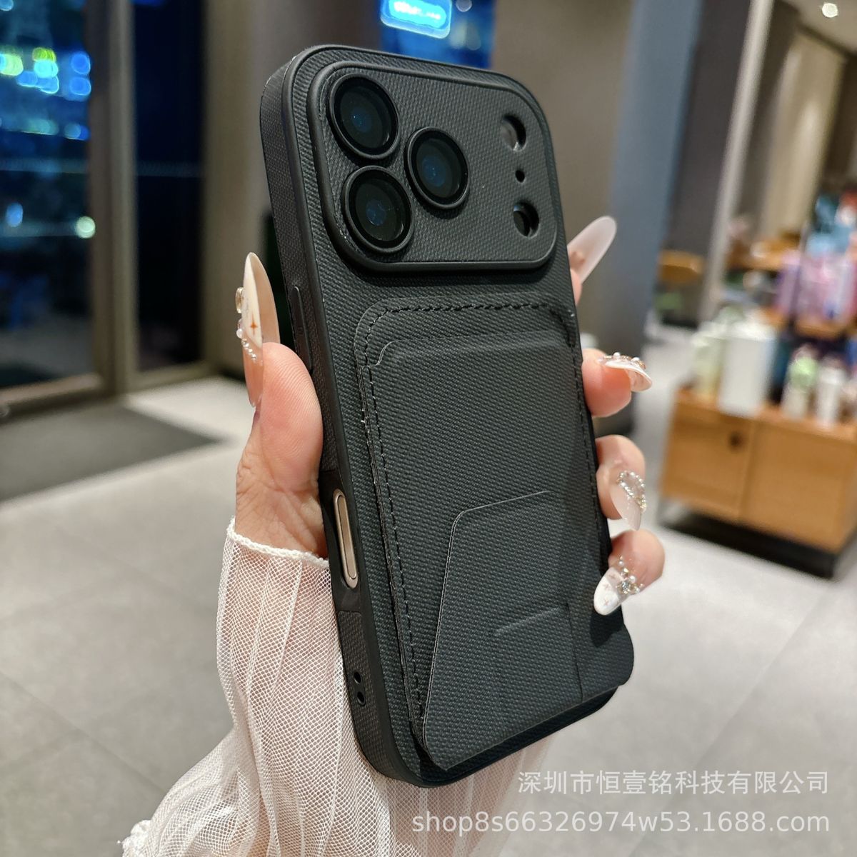 iPhone 17 phone case, fabric texture, card slot, foldable stand