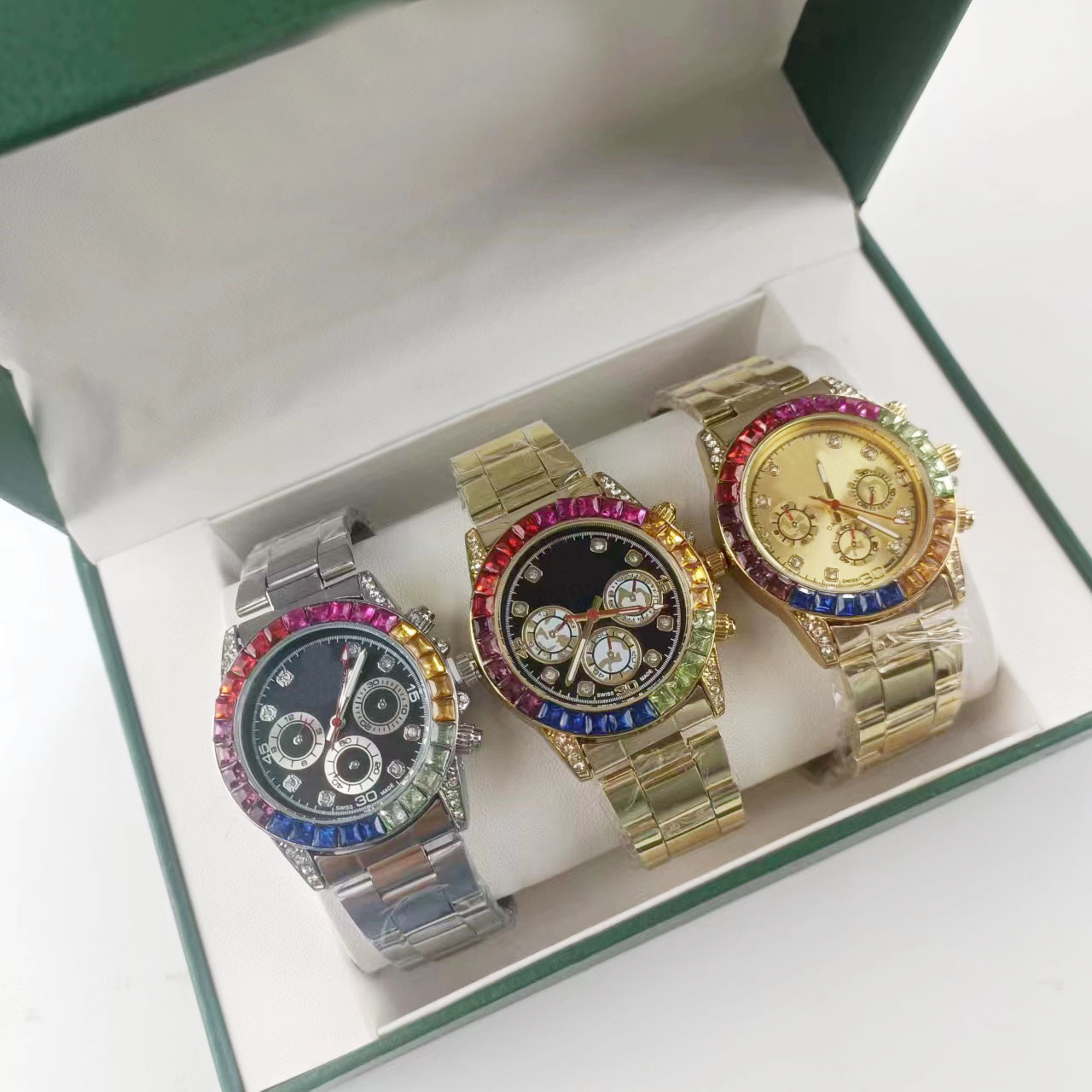Rainbow men's quartz watch, steel band, diamond bezel