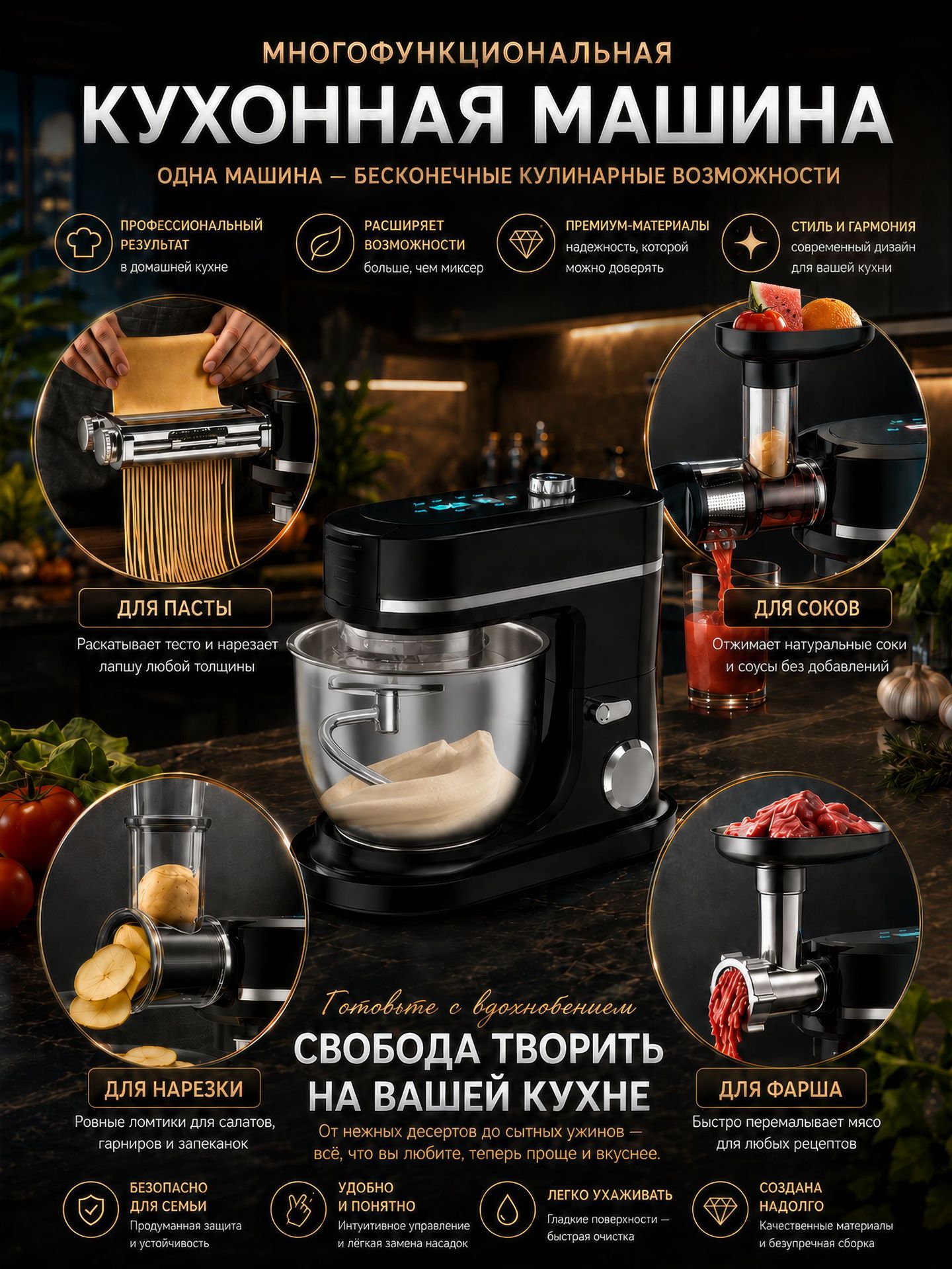 Multifunctional kitchen machine dough mixer blender grinder