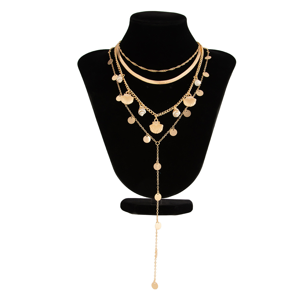 Scallop shell necklace, ocean style, sequin chain, layered