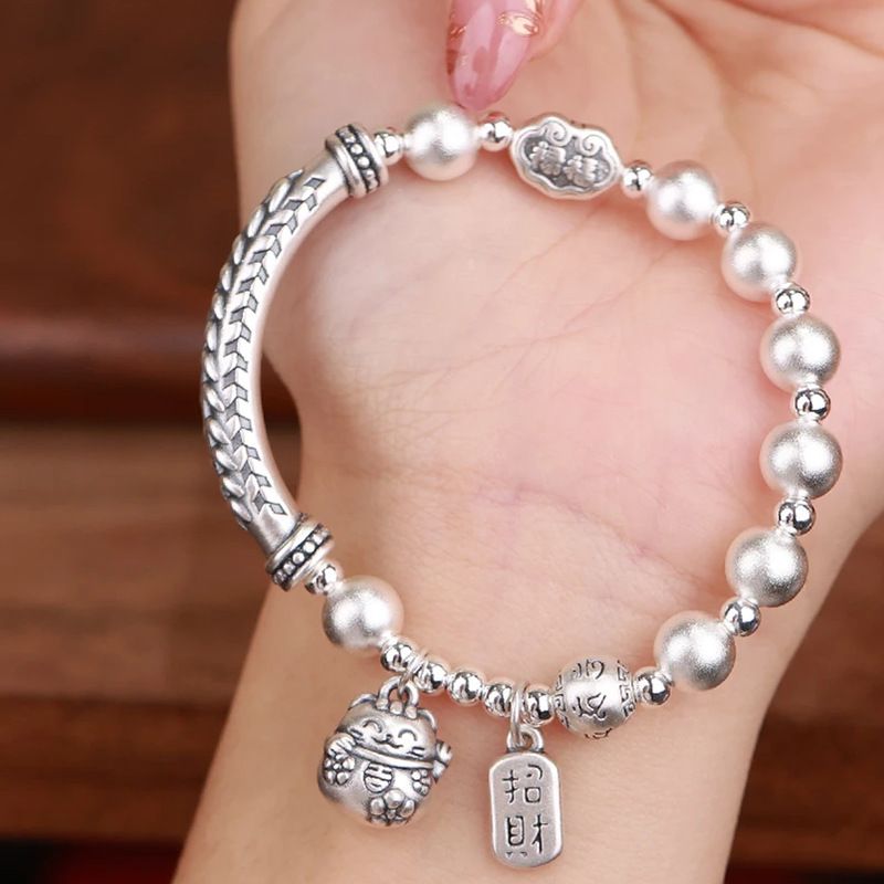 S925 silver lucky cat fortune bracelet, vintage style