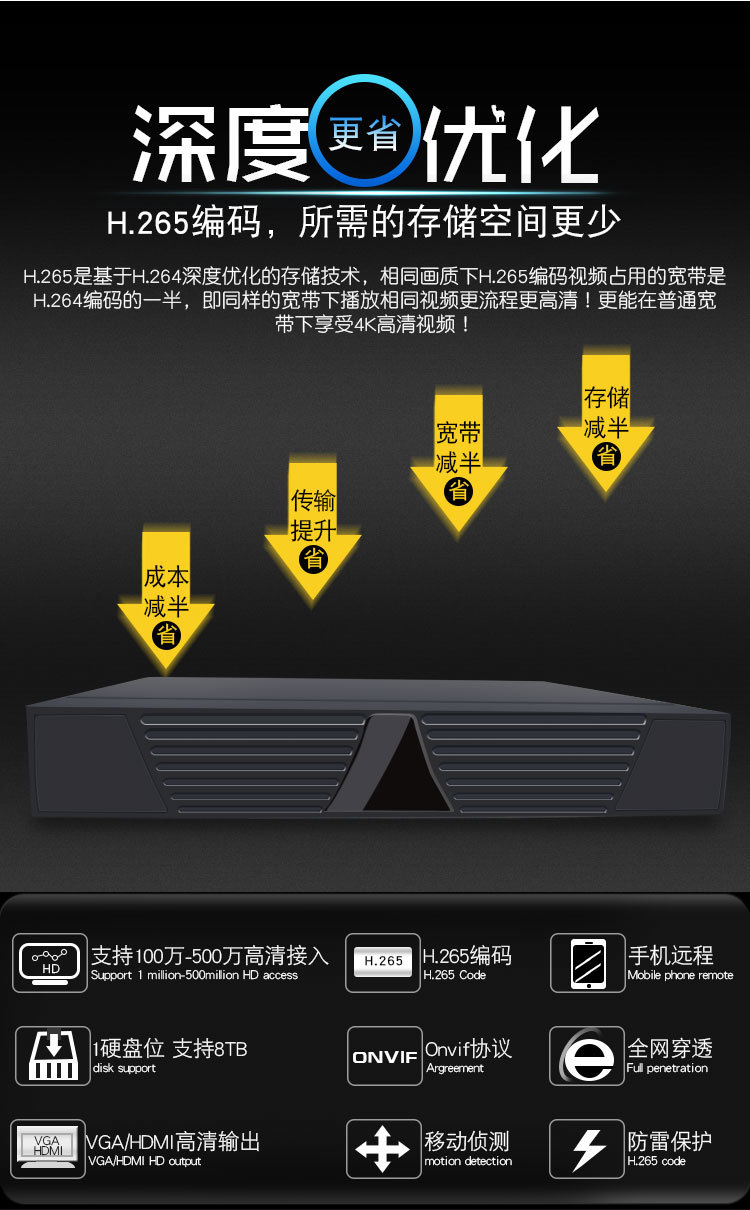 NVR recorder, H.265, 10-channel, Hikvision compatible