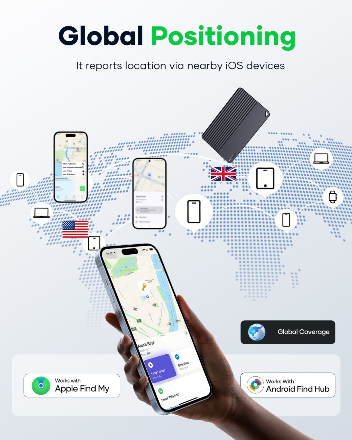Smart tracking card, Android/iOS compatible, ultra-thin, positioning device