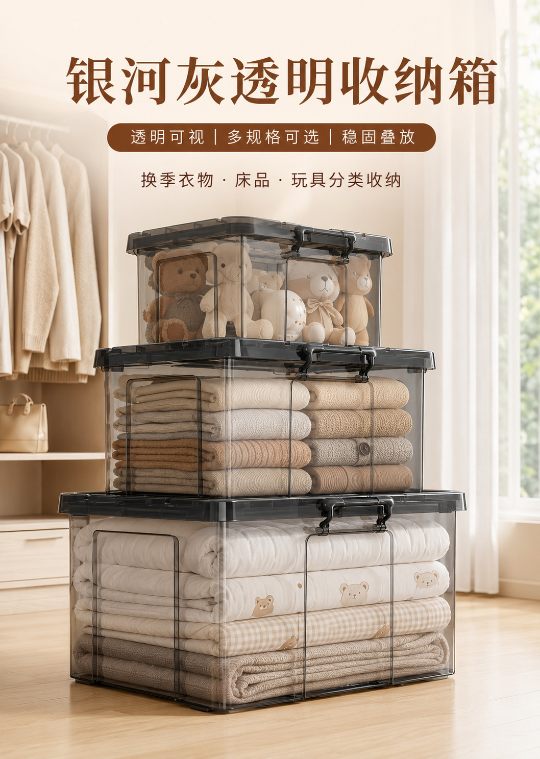 Clothing storage box with lid, clear, large capacity