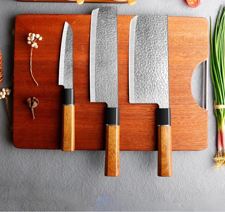 Dövme paslanmaz çelik mutfak bıçak seti, şef ve santoku bıçakları