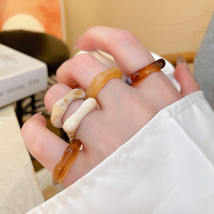 亚克力晕染圆形戒指五件套欧美小清新甜美食指戒小众设计感指环女