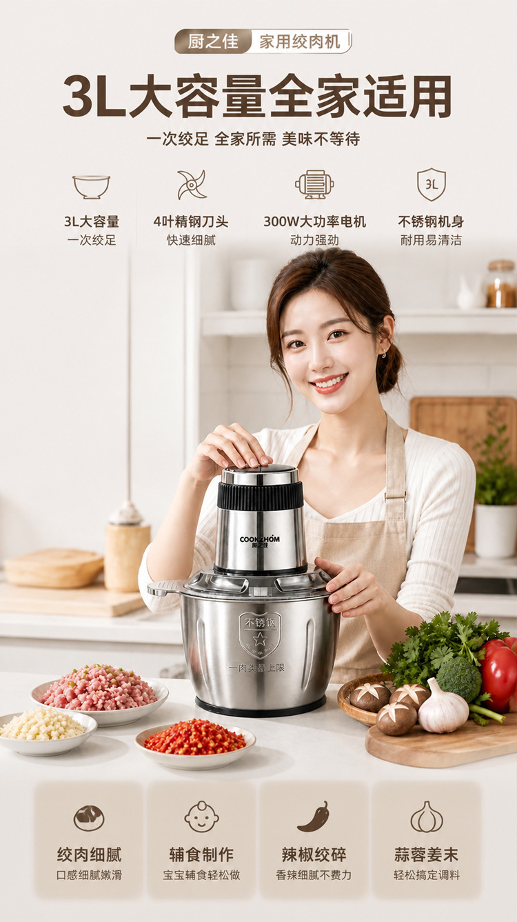 Household electric meat grinder, stainless steel, for baby food