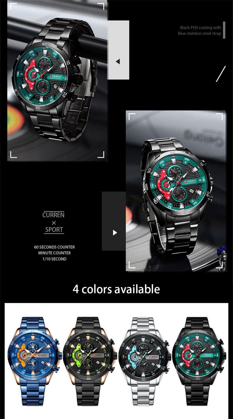 Curren 8402 erkek kuvars saati, su geçirmez, gece ışığı, çelik kayış