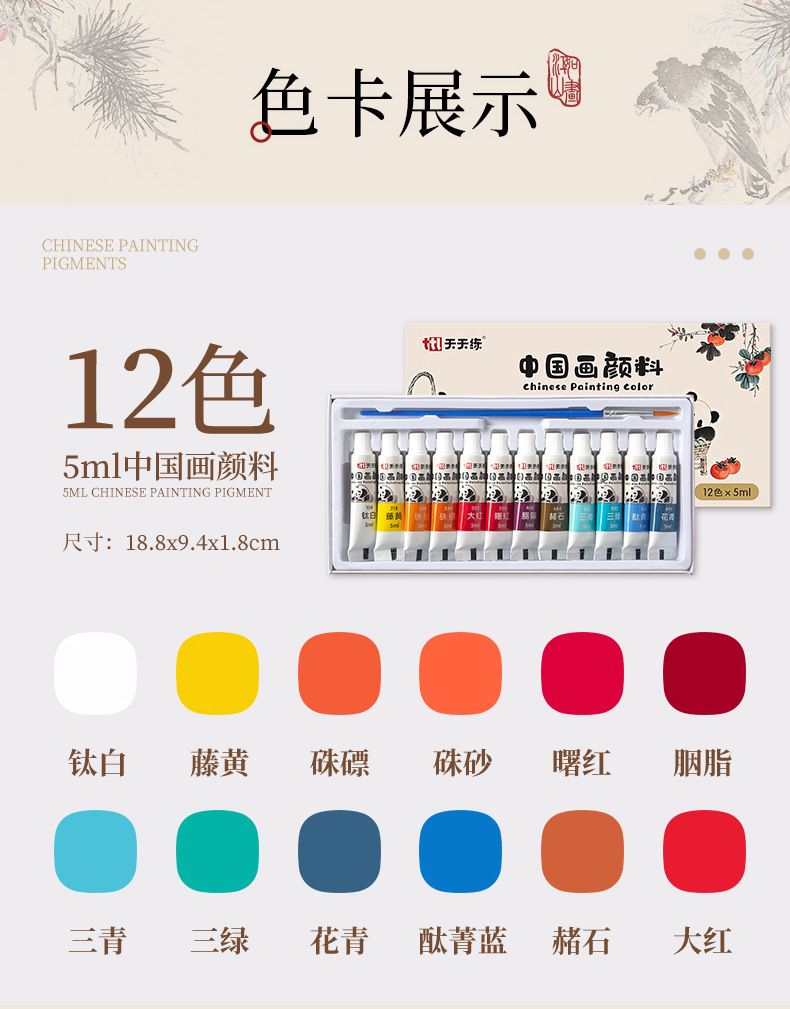 Chinesisches Malerei-Pigmentset, 12 Farben, Anfängerset mit Werkzeugen