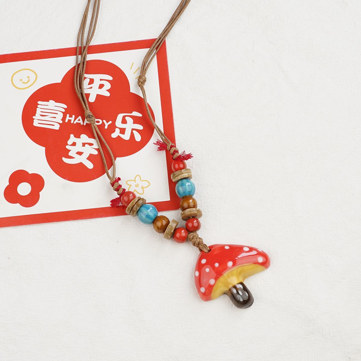 Jingdezhen ceramic mushroom pendant, Chinese style long sweater chain