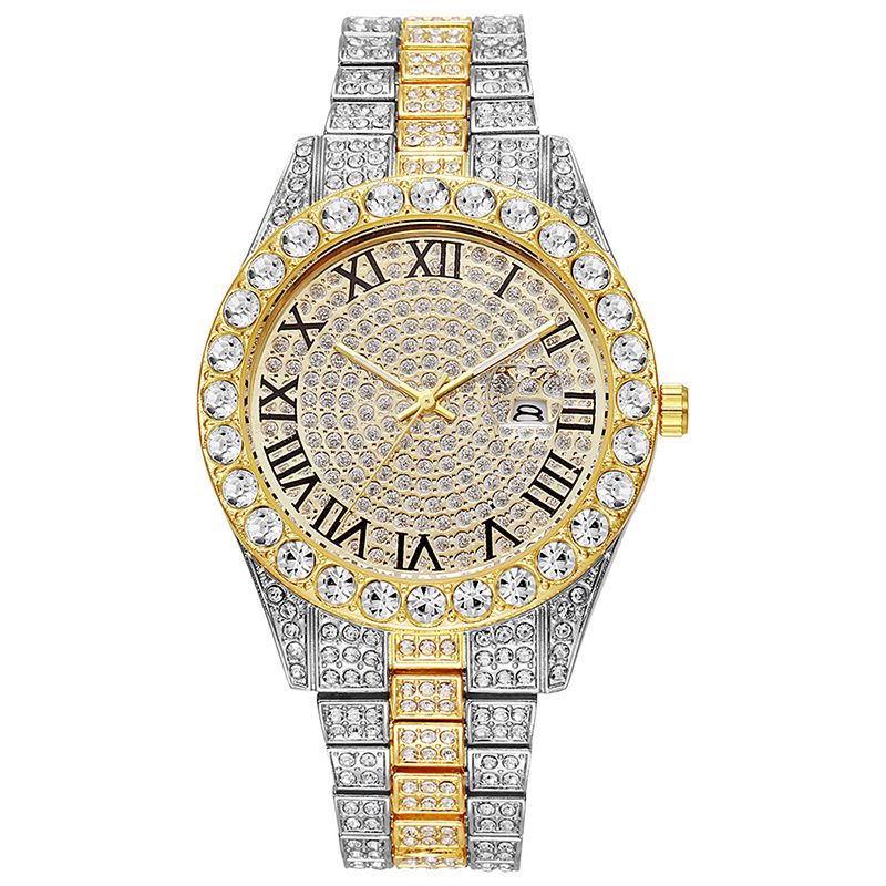 Damen-Quarzuhr mit Edelstahlband, Kalender und Strass