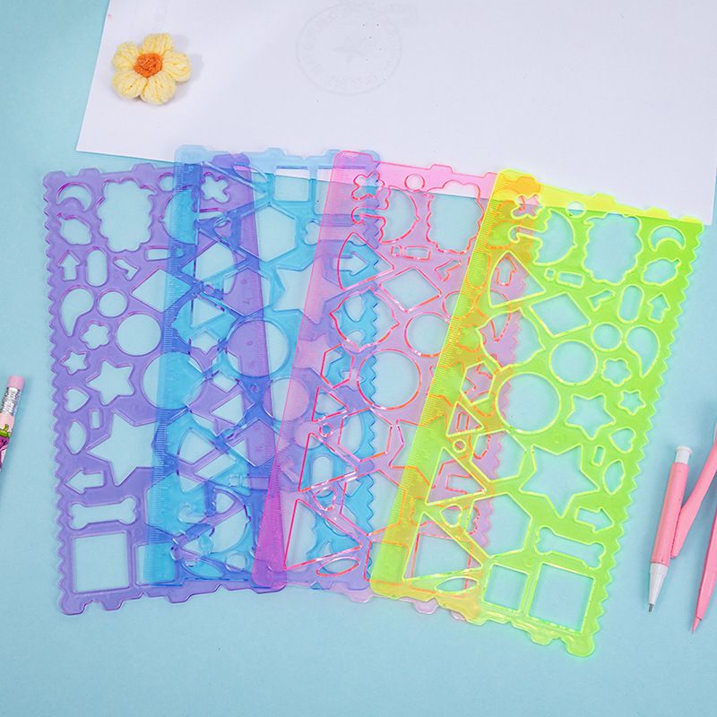 7 parçalı çocuk çizim şablonu seti, plastik geometri cetveli