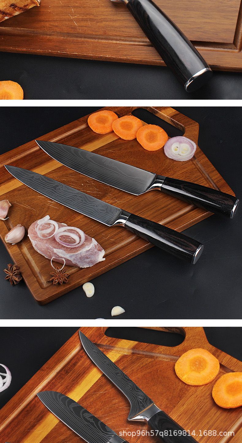 Şam deseni bıçak seti, renkli ahşap sap, şef, santoku