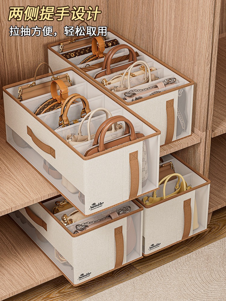 Handbag storage box with lid, wardrobe organizer, compartmentalized, large capacity