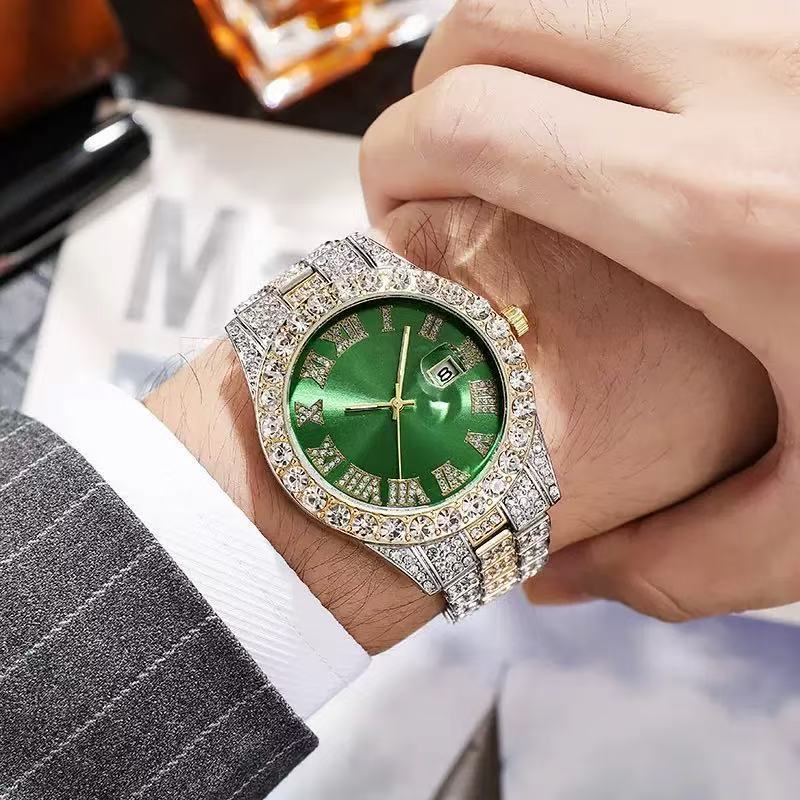 Men's quartz watch with crystals calendar roman numerals