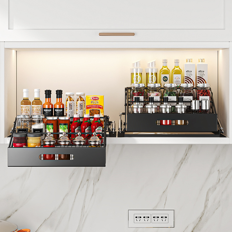 Kitchen cabinet folding spice rack, multi-layer, no-drill installation
