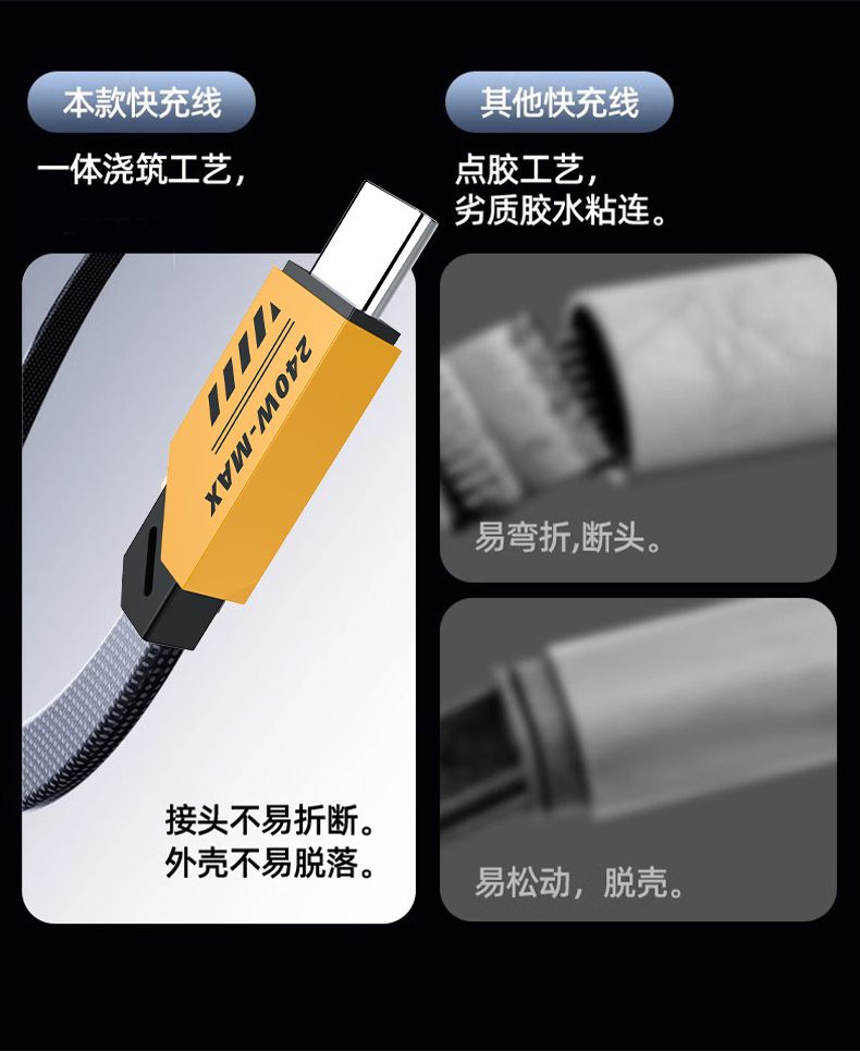 240W三合一数据线超级快充适用苹果安卓Typec一拖三充电线加长2米