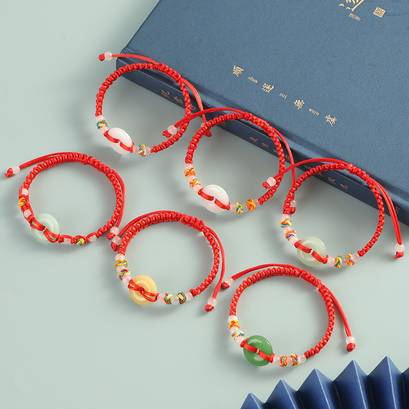 Red string bracelet, jade, safety clasp, hand-woven, unisex