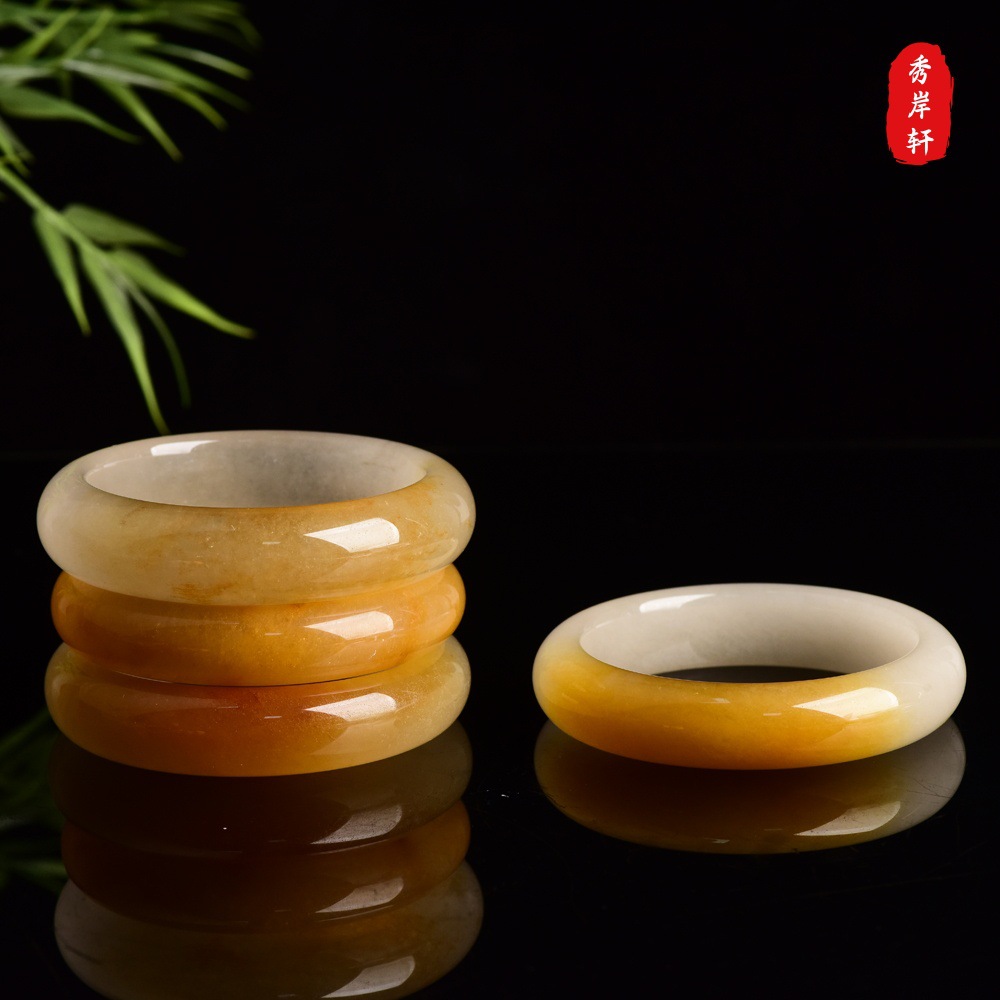 Natural yellow long jade bracelet with gold thread, wide design