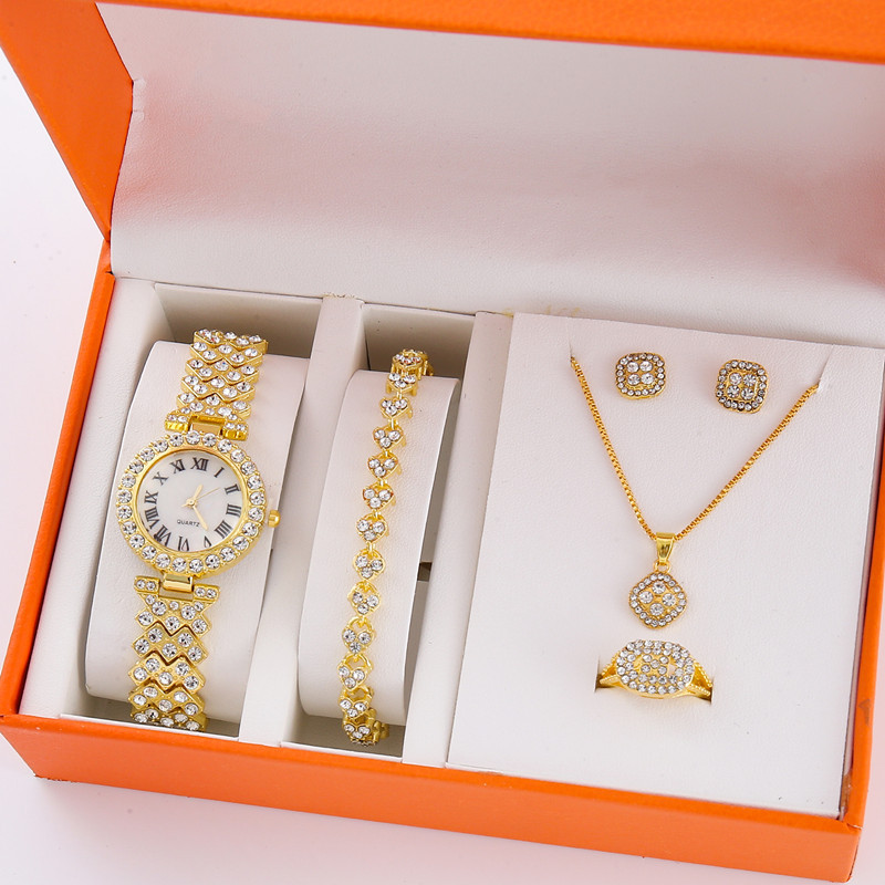 Kadın Bileklik Saati Taşlı Vintage Kuvars 5 Parça Set
