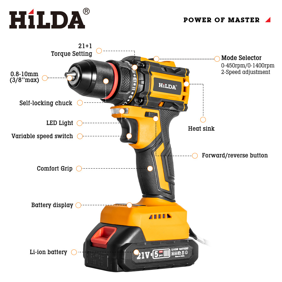 Hilda 21V brushless lithium drill, high torque, bit set