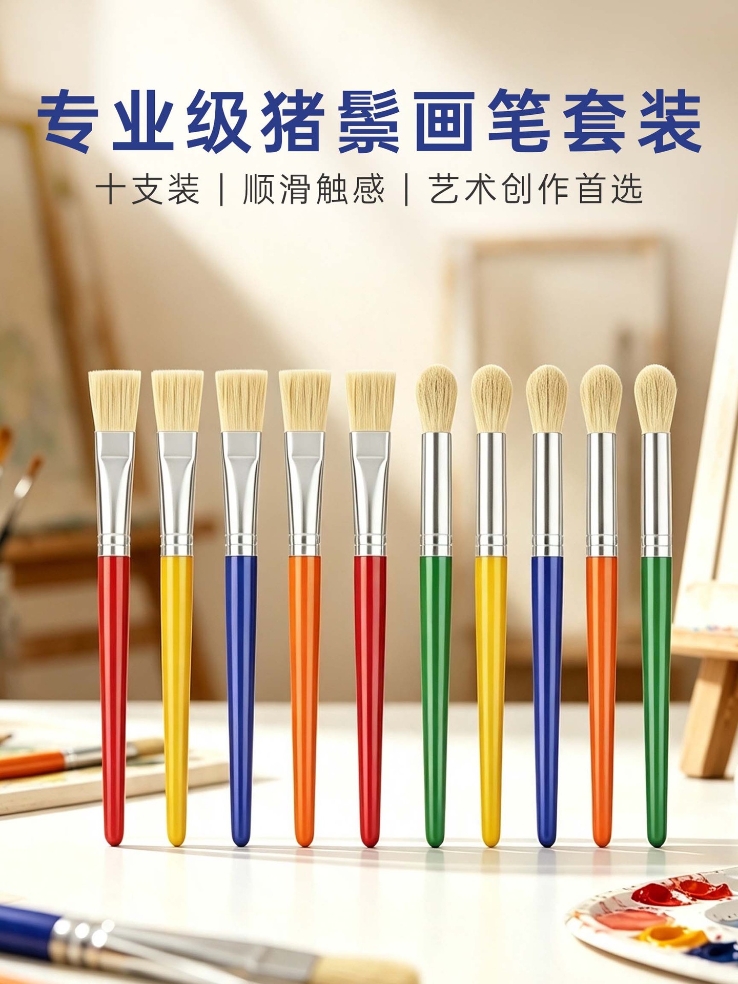 10-piece pig bristle brush set with plastic handles for art and drawing