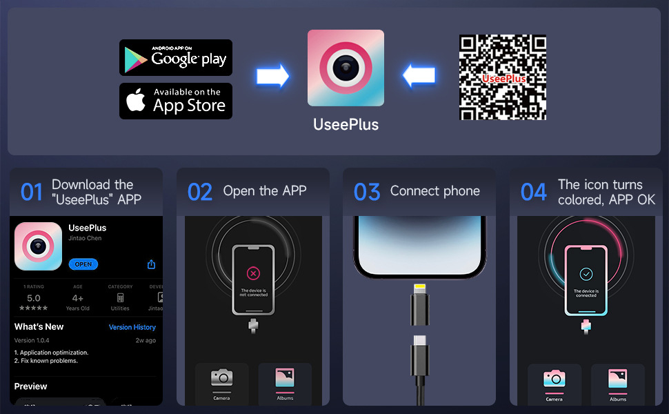 Endoscope camera with mobile phone connection, HD resolution