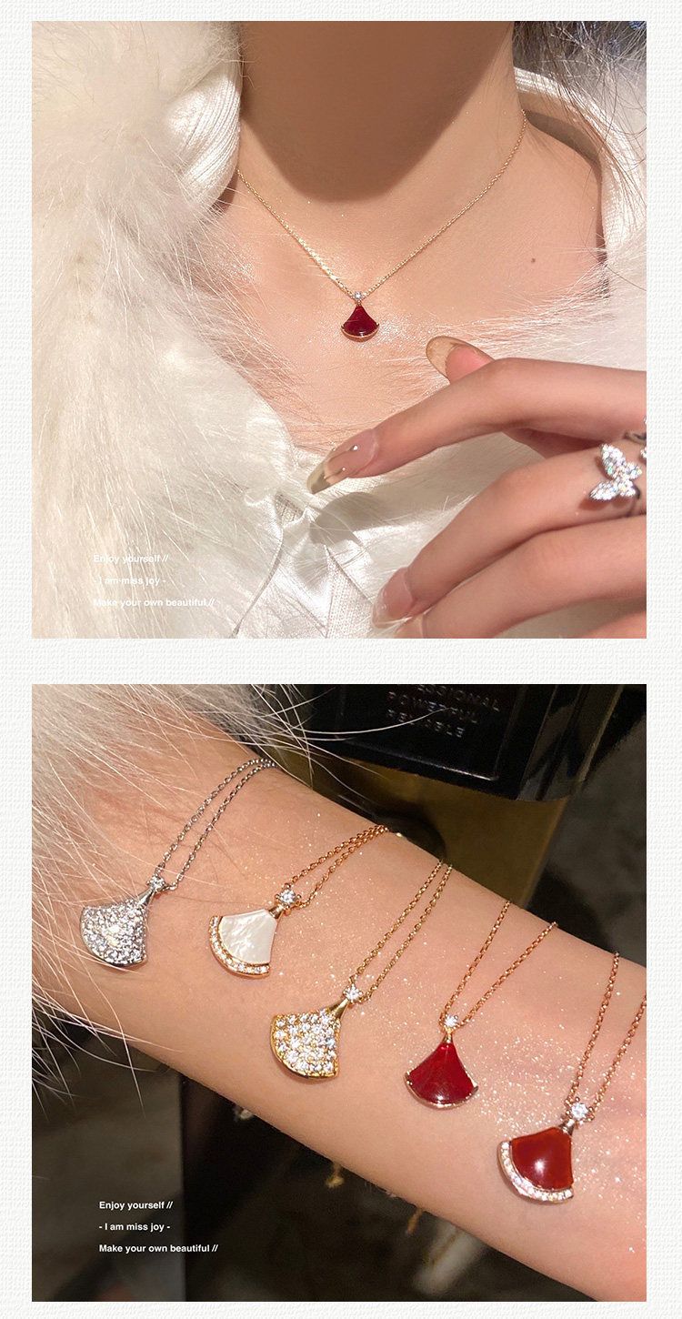S925 silver V-gold fan necklace with mother of pearl red agate