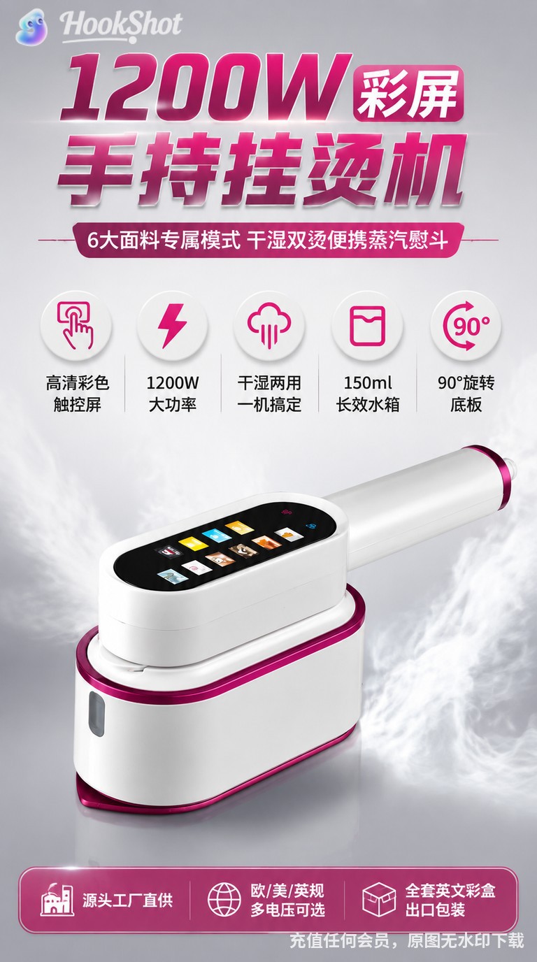 Foldable handheld garment steamer, touch screen, portable