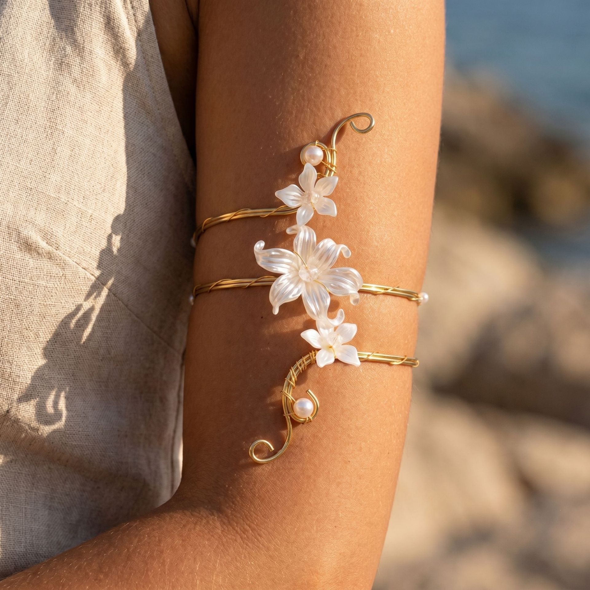 Flower-patterned open bracelet with geometric design for women
