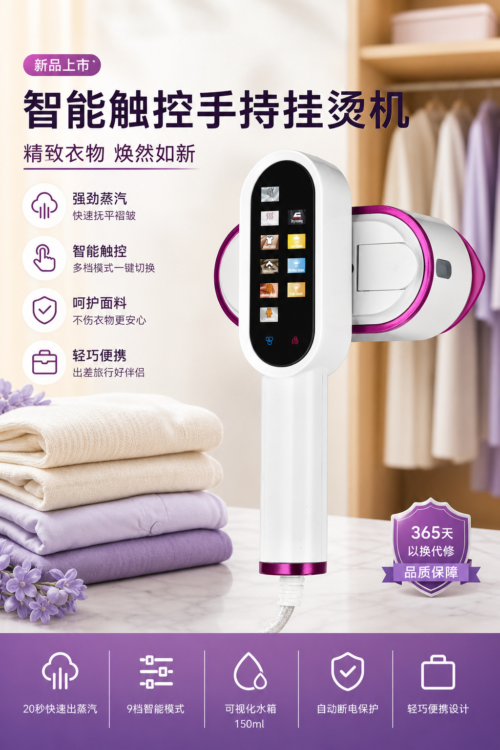 Foldable handheld garment steamer, touch screen, portable