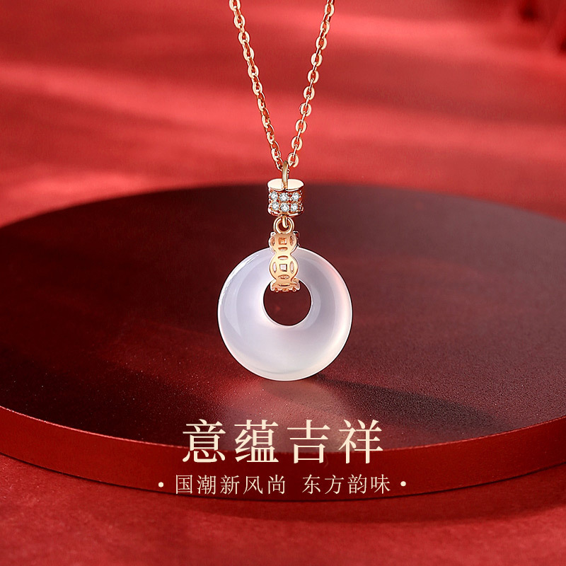 S925 Silver White Chalcedony Necklace, Safety Buckle, Chinese Style