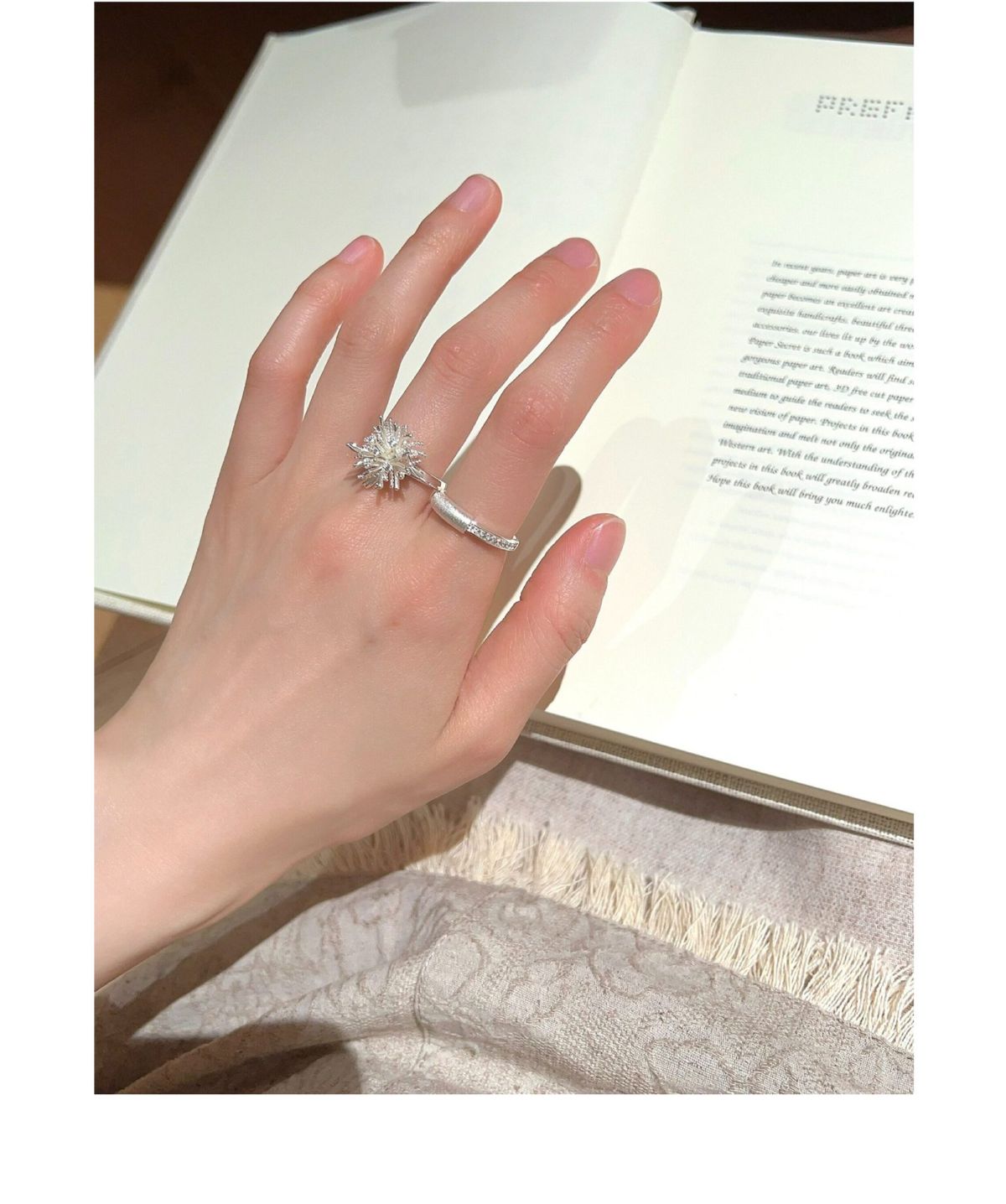 S925 sterling silver brushed flower open ring for women