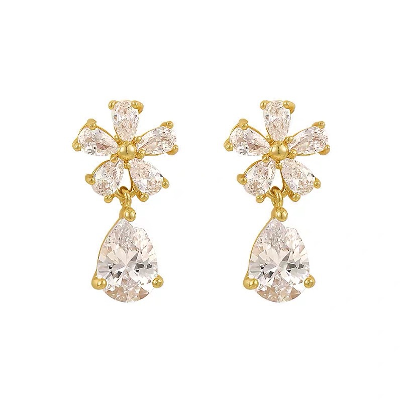 Crystal flower earrings, water drop, Korean style, lightweight luxury