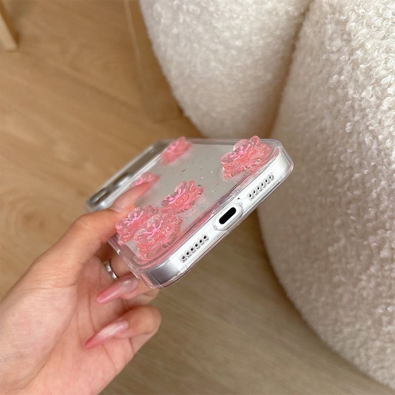 iPhone 17 Pro / 16 / 15 pink cherry blossom glitter transparent case