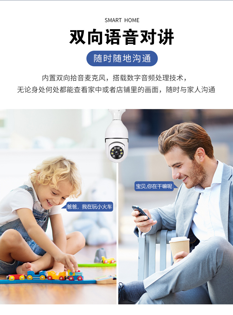 E27 bulb camera, HD, night vision, 360 degree PTZ