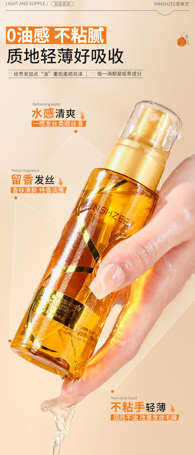 Mingxizhi Haarpflege-Essenzöl-Spray Antistatisch glättend