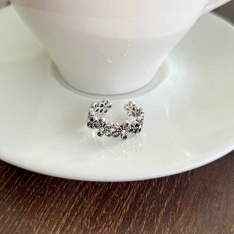 Lanzhi snowflake pattern 925 silver retro ring