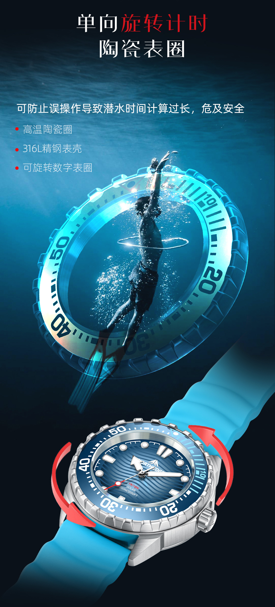 Herren-Taucheruhr mit Quarzwerk, wasserdicht, Leuchtzifferblatt